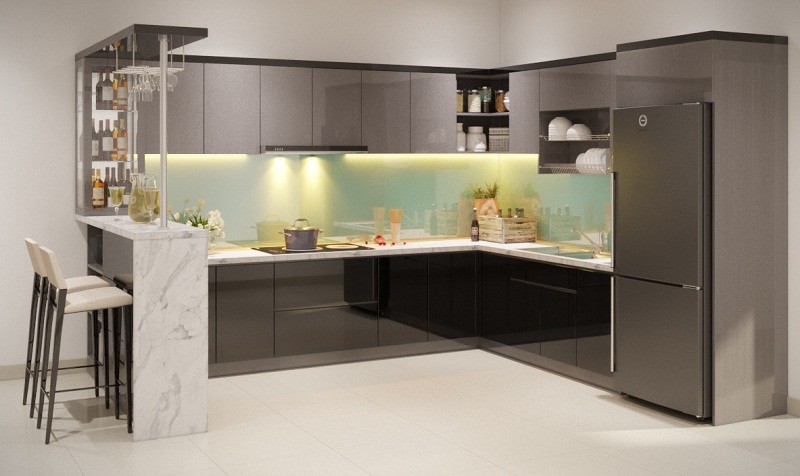 Tủ bếp có quầy bar mini kiểu dáng hiện đại