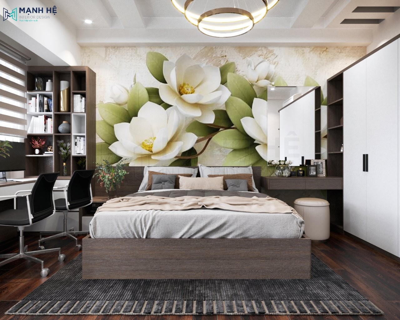 Thiết kế phòng ngủ gỗ công nghiệp với đầy đủ các đồ nội thất cơ bản
