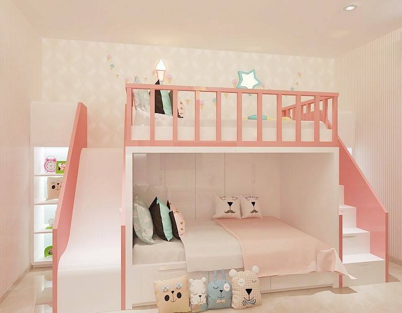 Mẫu 20: Giường tầng công chúa có cầu trượt thiết kế đơn giản nhưng vẫn thơ mộng