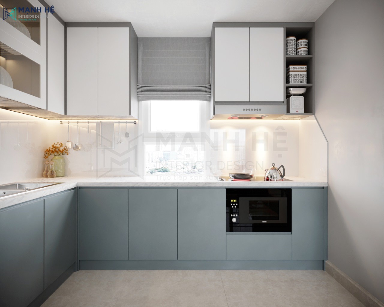 Hệ tủ bếp chữ L ôm gọn không gian căn chung cư với trang thiết bị hiện đại