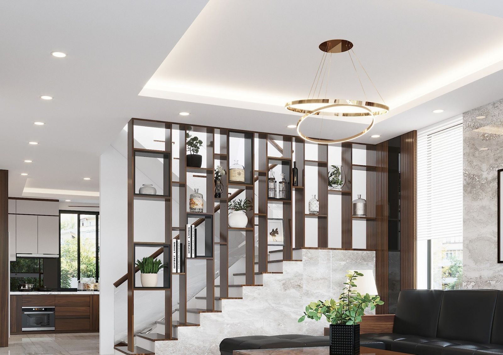 Lam gỗ kết hợp kệ trang trí và vách ngăn cho cầu thang