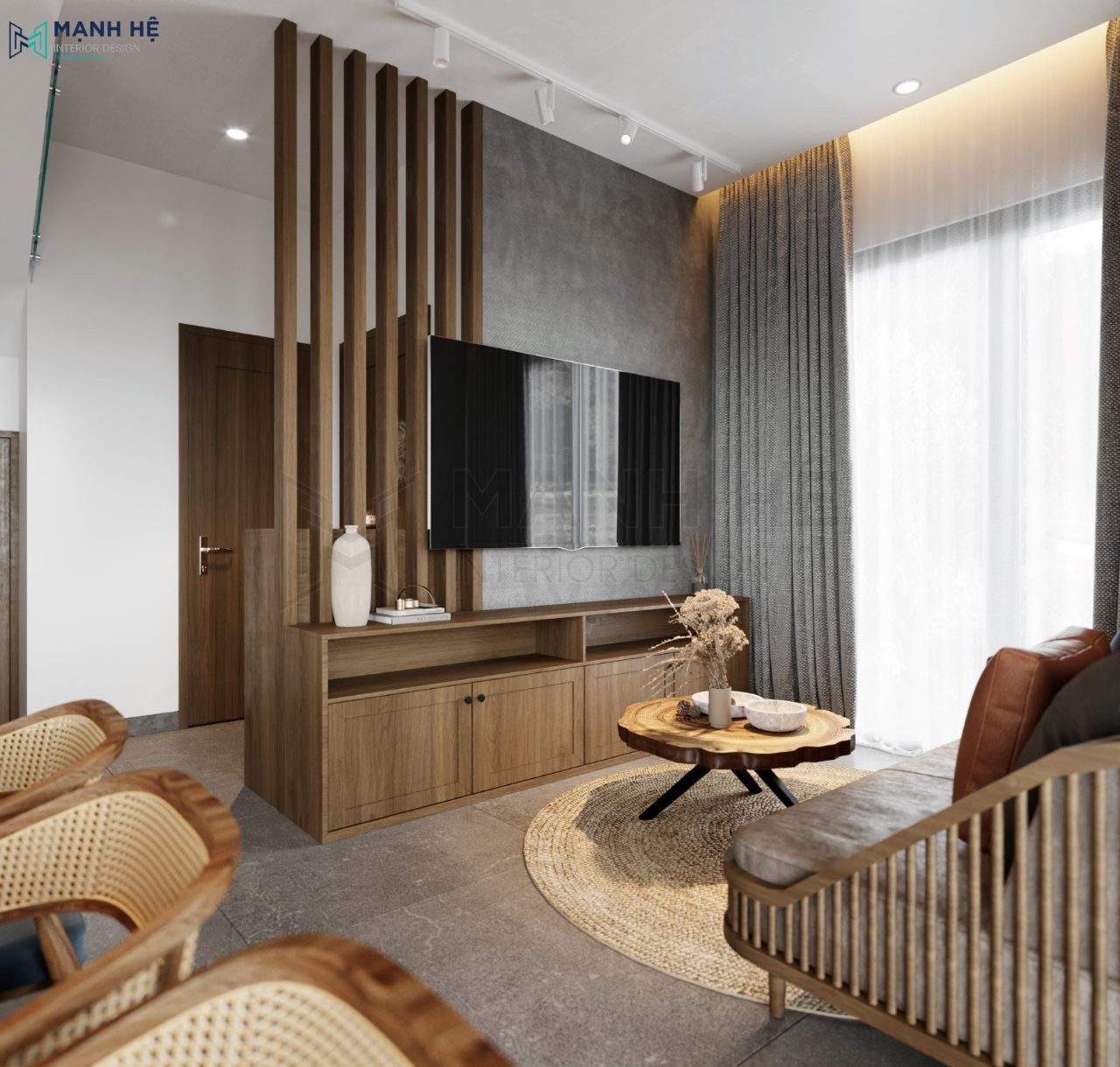 Hệ tủ tivi kiểu dáng truyền thống với vách ngăn lam gỗ