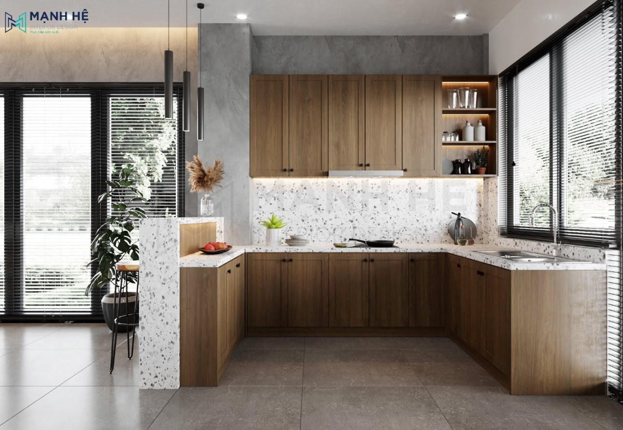 Thiết kế tủ bếp chữ U có quầy bar hiện đại sang trọng