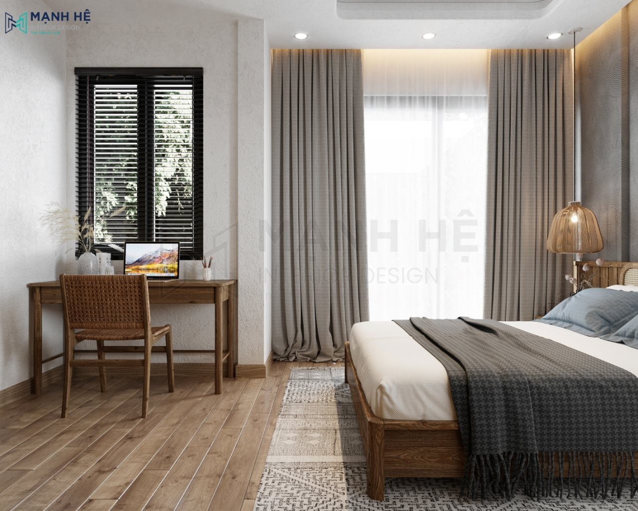 Bàn làm việc làm bằng chất liệu gỗ công nghiệp đặt dưới cửa sổ thoáng đãng