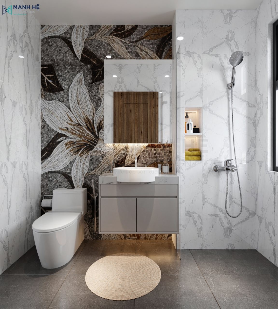 Tủ đặt trong phòng vệ sinh sử dụng chất liệu gỗ acrylic bóng gương chống ẩm