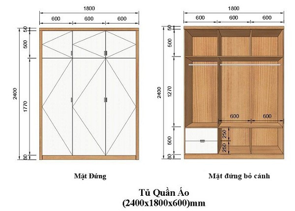 Kích thước tủ quần áo 3 cánh lớn