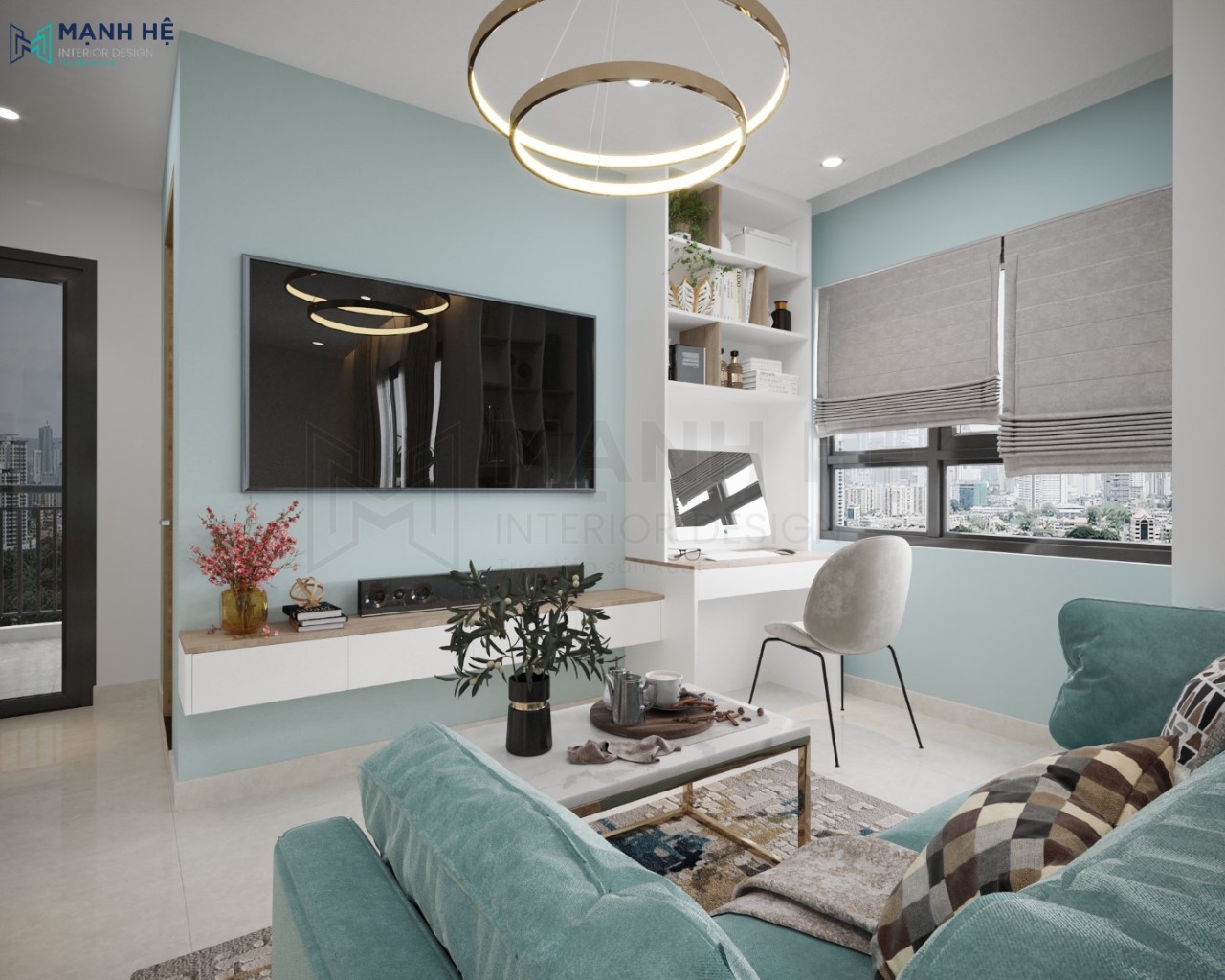 Hệ tủ tivi đơn giản và bàn làm việc đặt tại không gian phòng khách