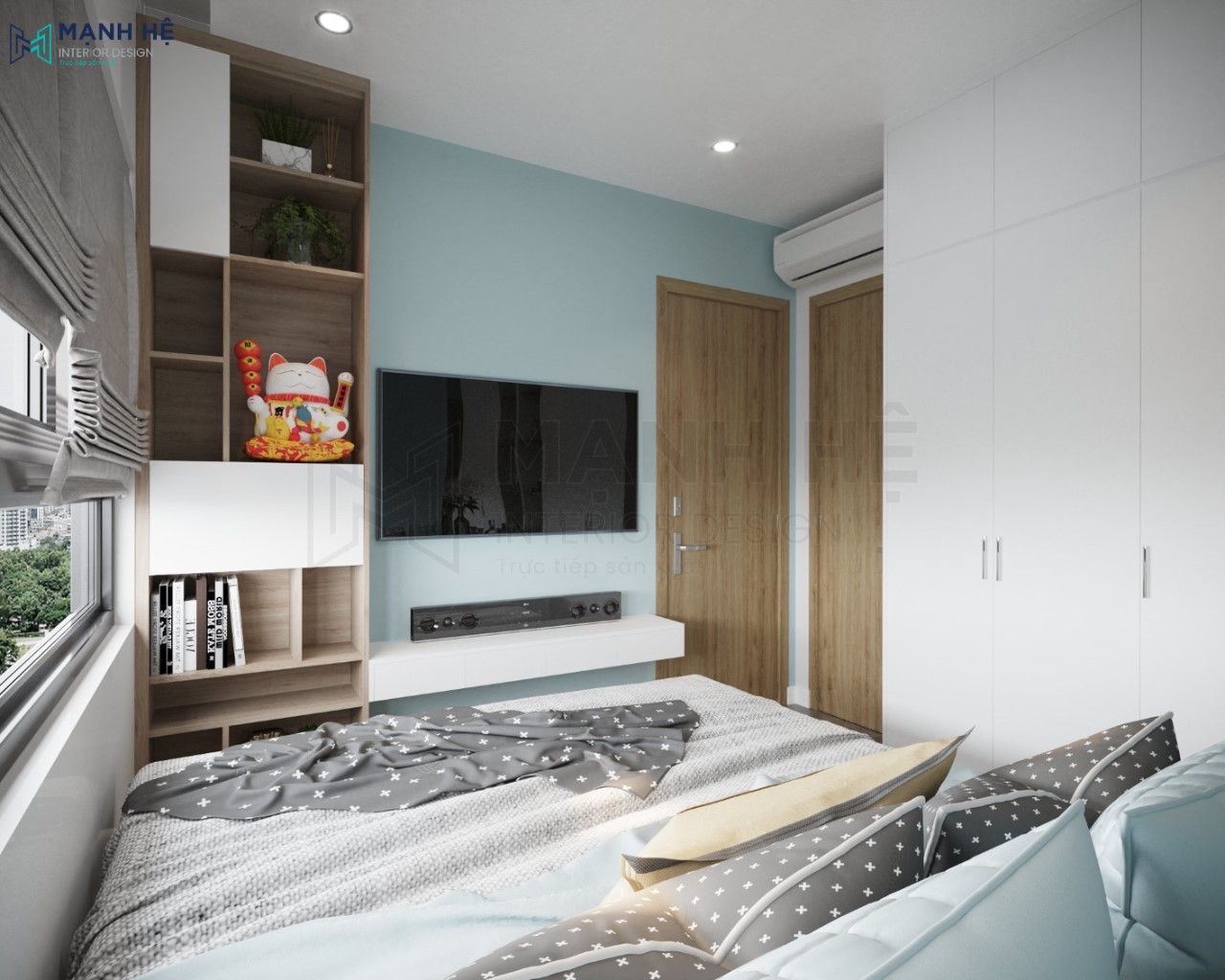 Kệ tủ trang trí thiết kế cao đụng trần đặt cạnh kệ tivi