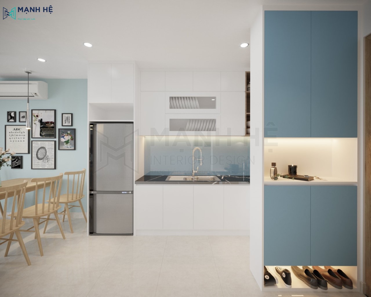 Kệ tủ giày gỗ sơn phủ màu xanh đặt ngay cửa ra vào căn hộ