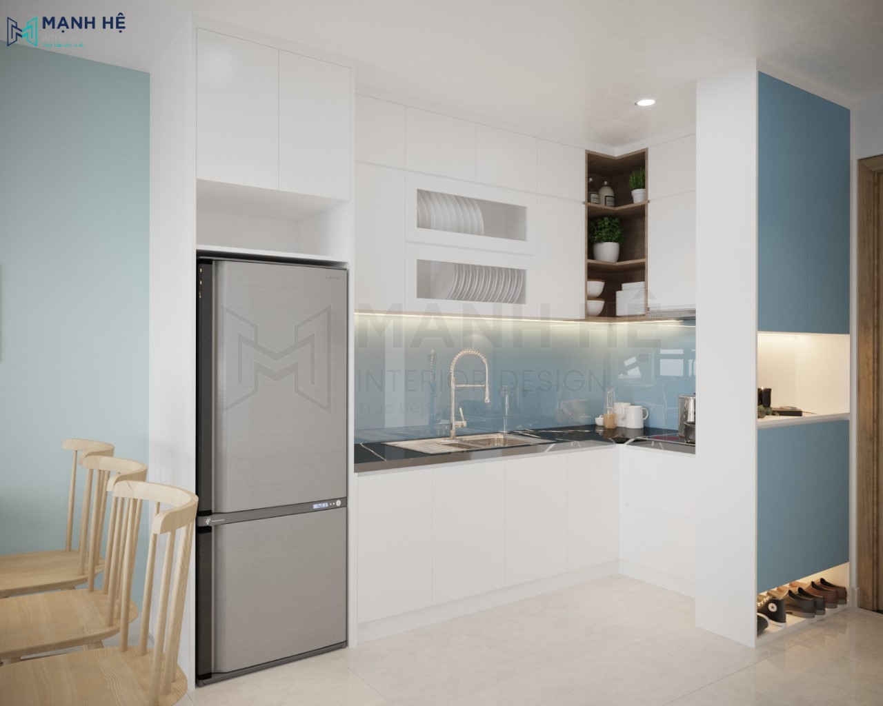 Hệ tủ bếp màu trắng đơn giản bo gọn góc chết căn phòng