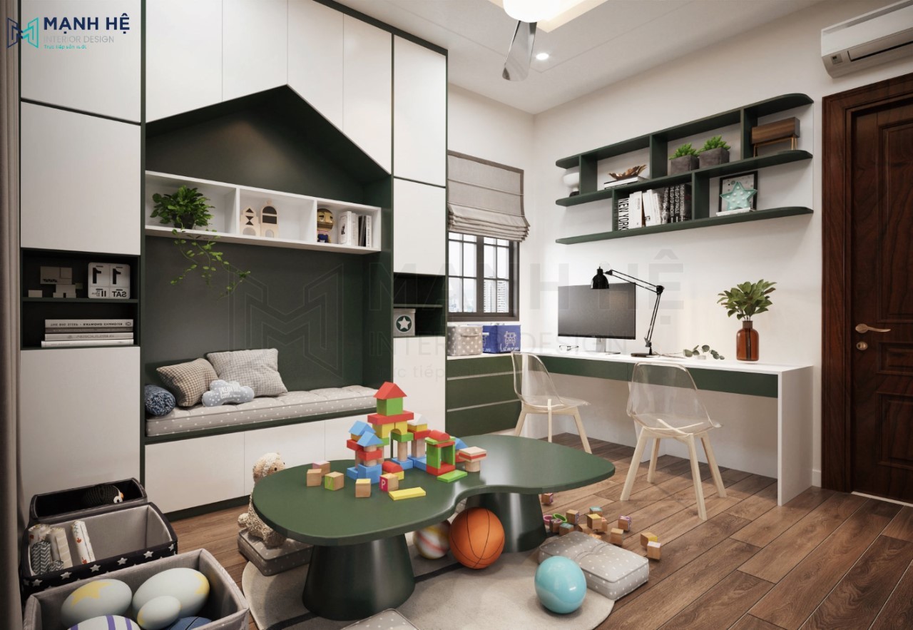 Kết hợp góc học tập chung phòng vui chơi cho con