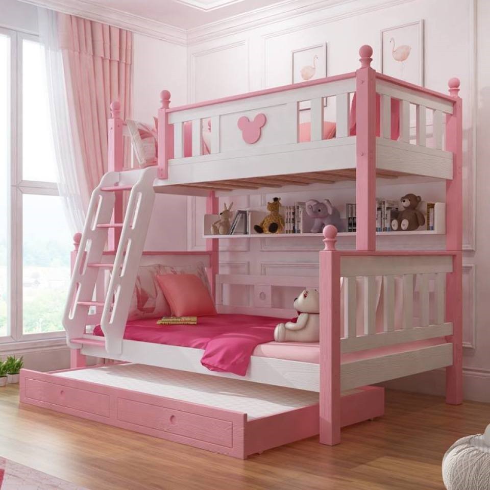 Giường 3 tầng công chúa màu hồng cho bé