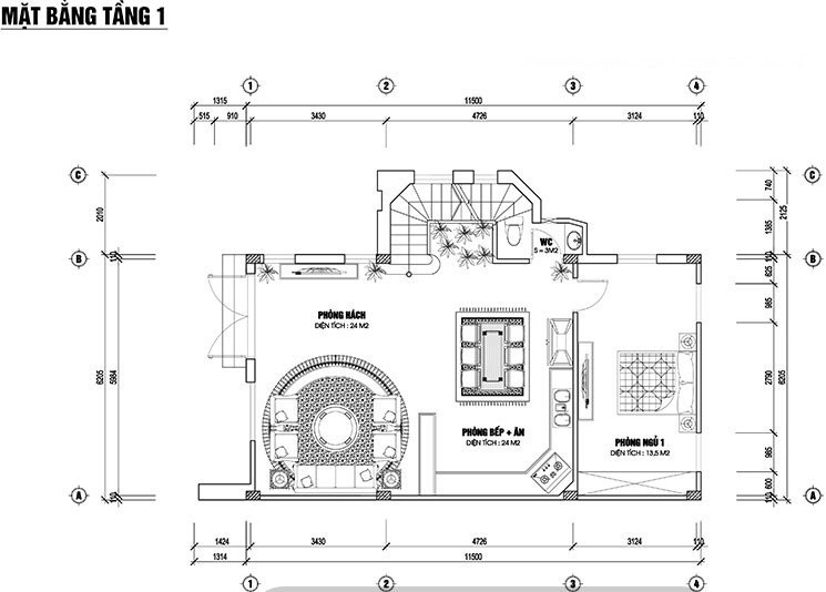 Bản vẽ mặt bằng tầng 1 biệt thự chi tiết