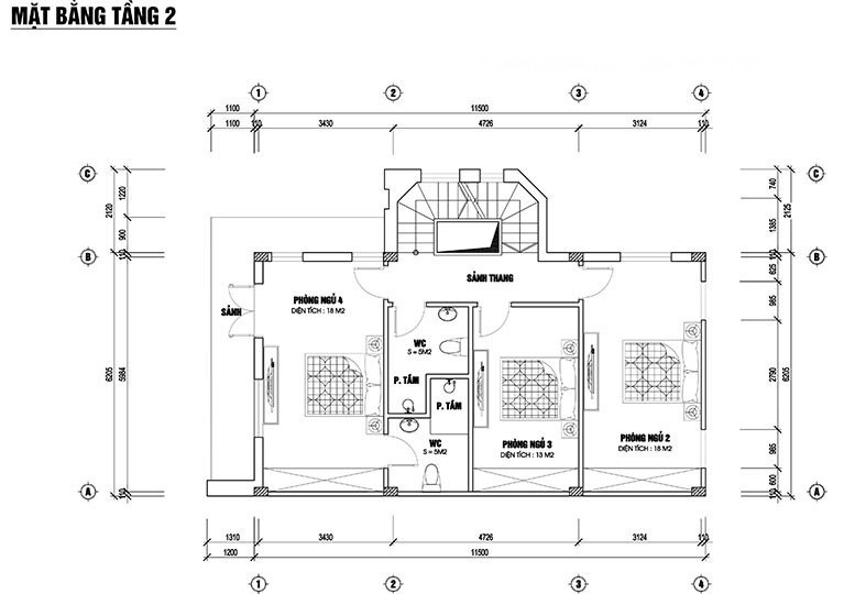 Bản vẽ mặt bằng tầng 2 biệt thự chi tiết