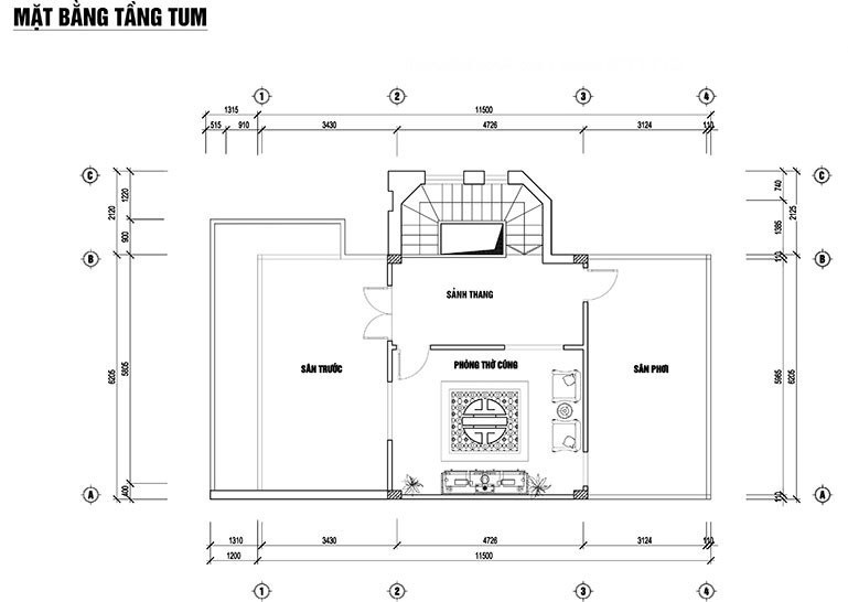 Bản vẽ mặt bằng tầng tum biệt thự chi tiết