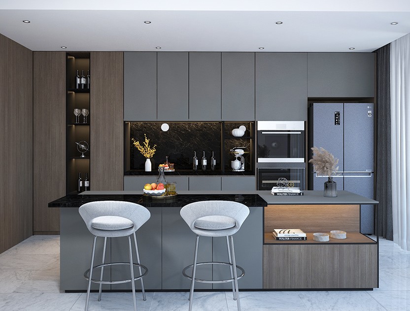Mẫu tủ bếp gỗ công nghiệp âm tường