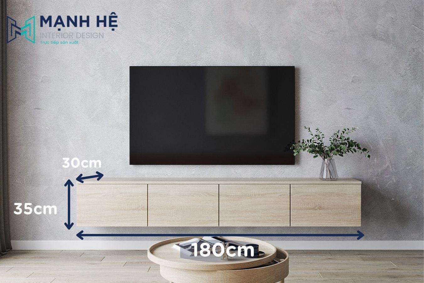 Kích thước kệ tivi treo tường tiêu chuẩn cho phòng khách