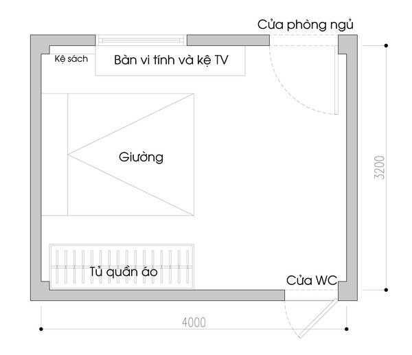 Bản vẽ mặt bằng phòng ngủ với những món đồ nội thất cơ bản