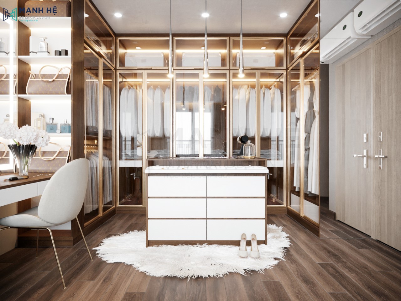 Thiết kế bàn trang điểm đặt giữa 2 không gian giường ngủ và tủ quần áo