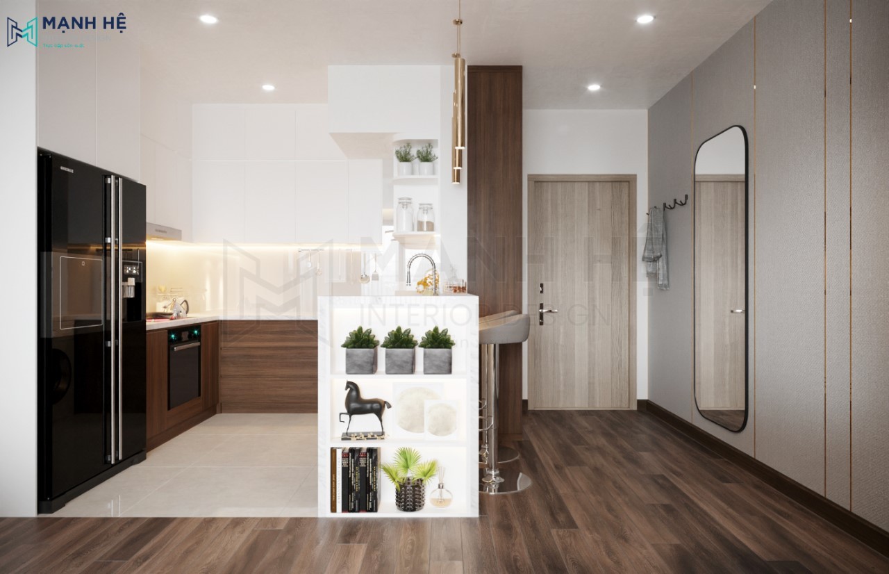 Hệ tủ bếp gỗ công nghiệp phủ melamine hiện đại sang trọng