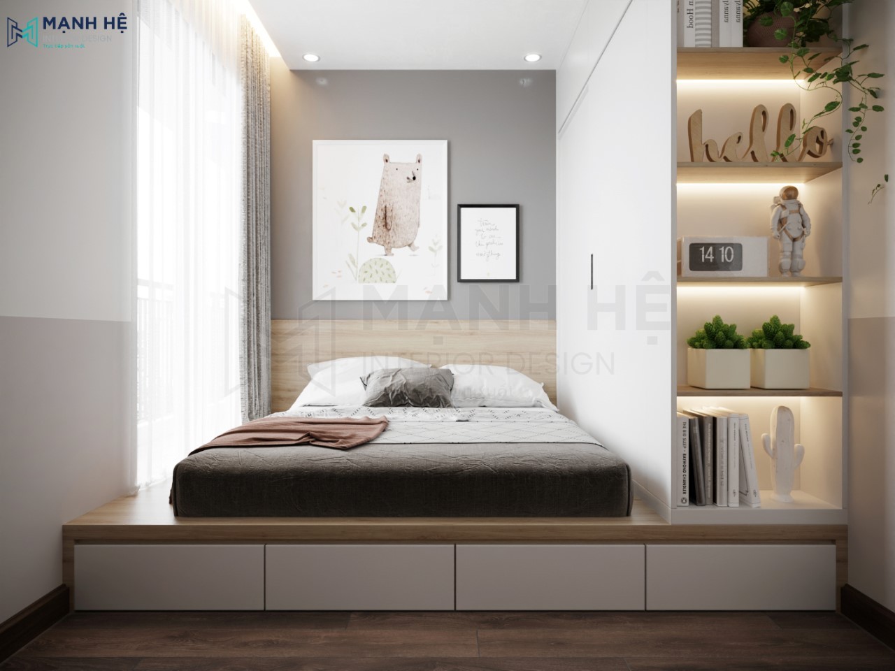 Thiết kế phòng ngủ cho bé có giường ngủ dạng bục đa năng