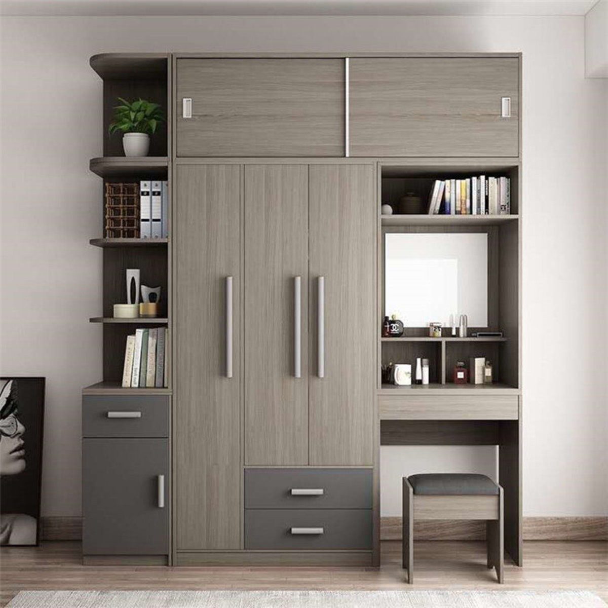 Mẫu tủ quần áo đa năng kết hợp bàn phấn và kệ trang trí