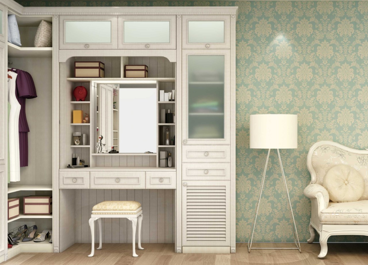 Mẫu tủ quần áo tích hợp bàn trang điểm và gương chữ nhật