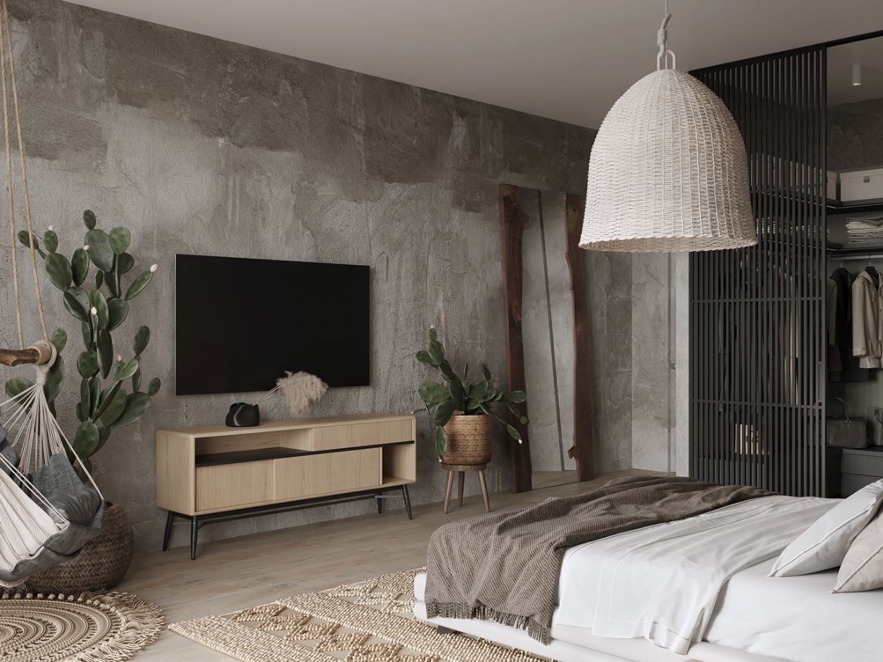 Tủ kệ tivi kiểu dáng hiện đại trên nền tường sơn xi măng thô sơ