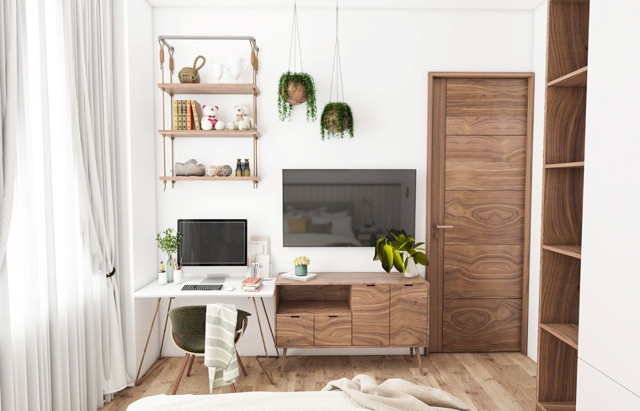 Kệ tivi kiểu dáng xưa cũ kết hợp với bàn làm việc màu trắng đơn giản hiện đại