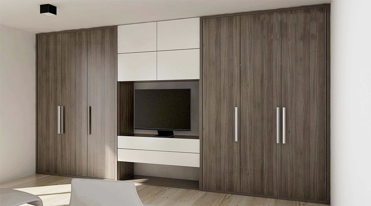 Mẫu tủ quần áo gỗ có kết hợp kệ tivi đa năng