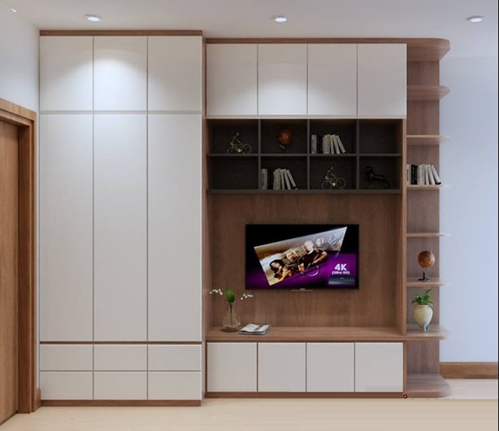 Mẫu tủ quần áo đụng trần có kết hợp kệ để tivi