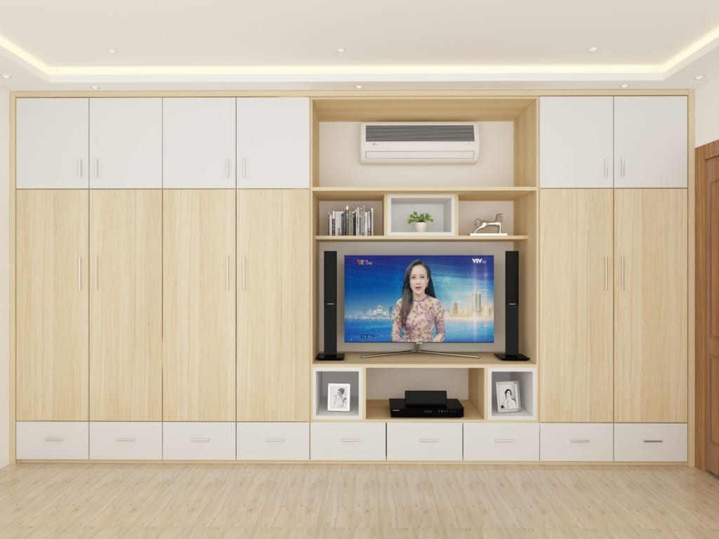 Tủ quần áo có kệ tivi âm tường đặt trong phòng ngủ