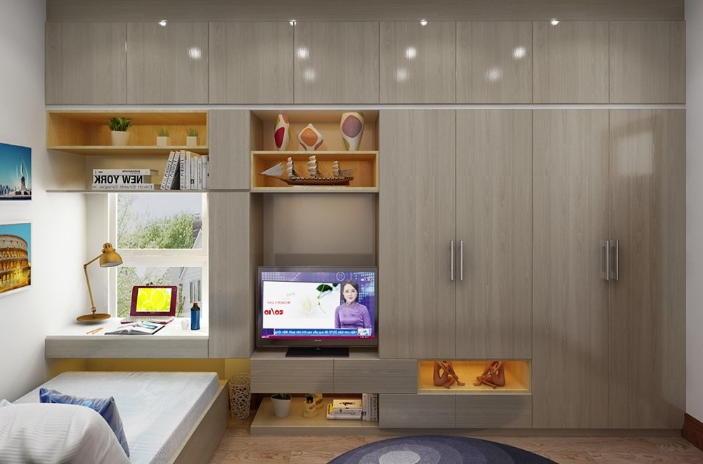 Hệ tủ quần áo Acrylic có kèm kệ tivi và bàn học