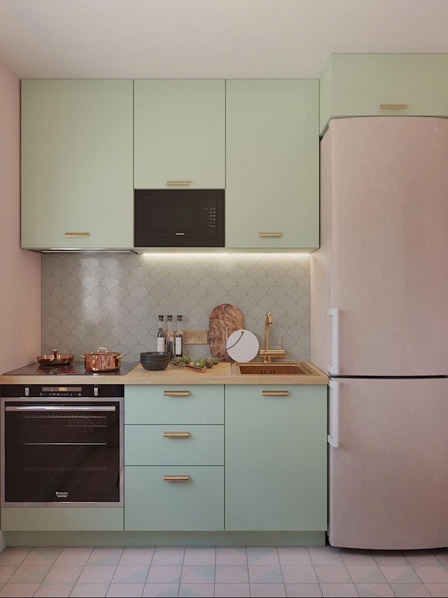 Mẫu tủ bếp mini sơn màu xanh pastel