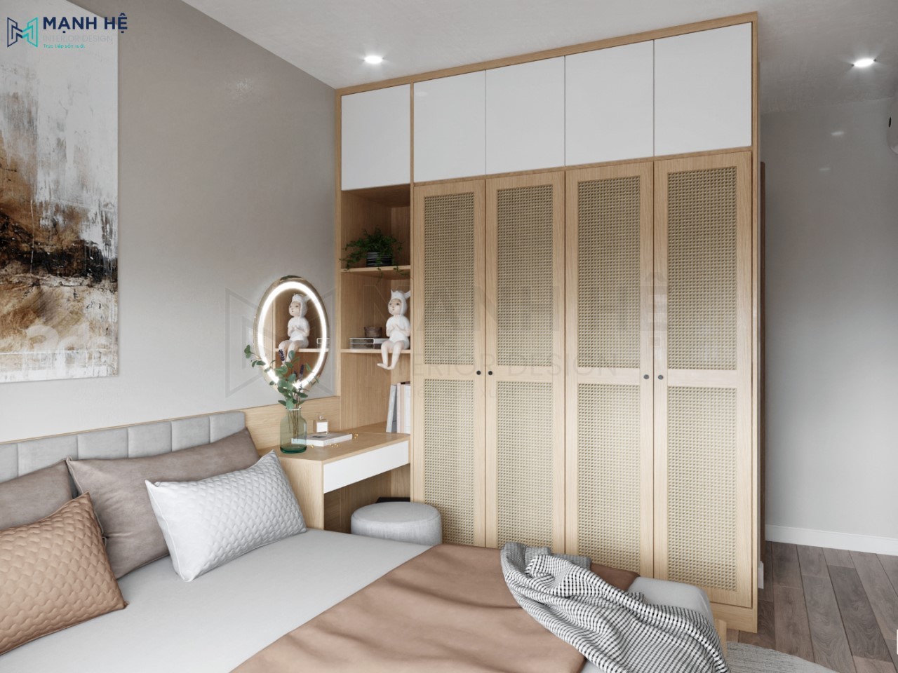 Tủ quần áo cao đụng trần thiết kế liền bàn trang điểm đa năng