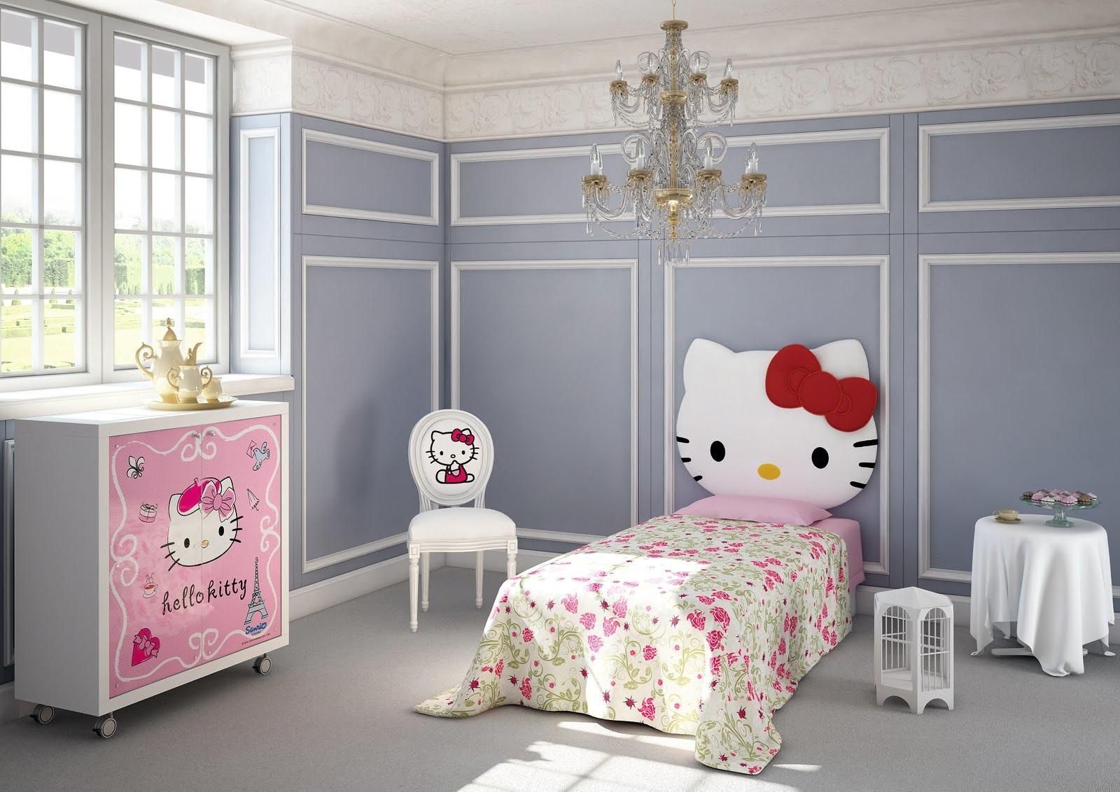 Mẫu 18: Giường hello kitty nhỏ nhắn cho phòng ngủ cổ điển với điểm nhấn tủ trang trí