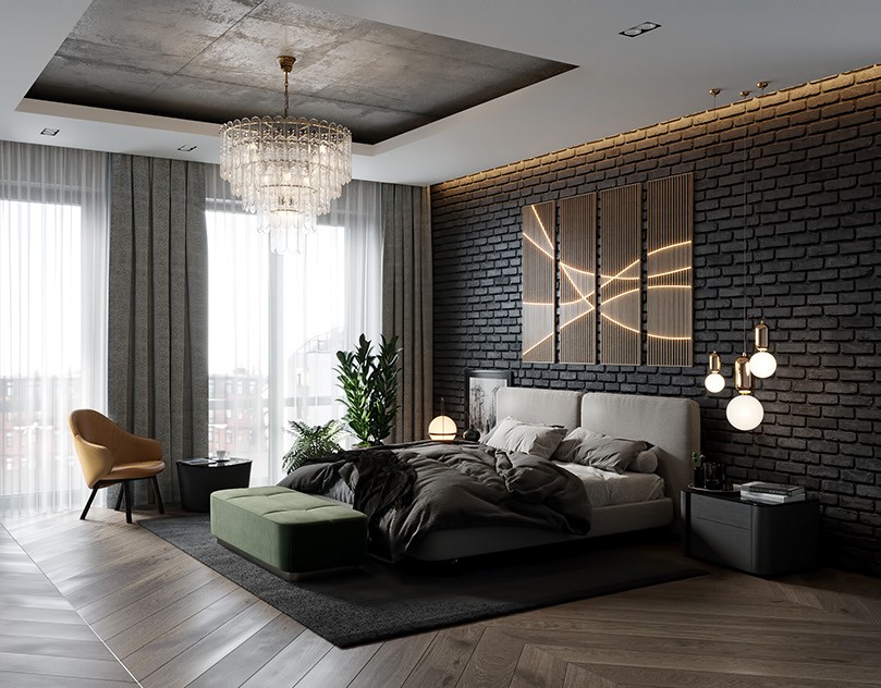 Trang trí phòng ngủ màu đen độc đáo với gạch thẻ ốp tường