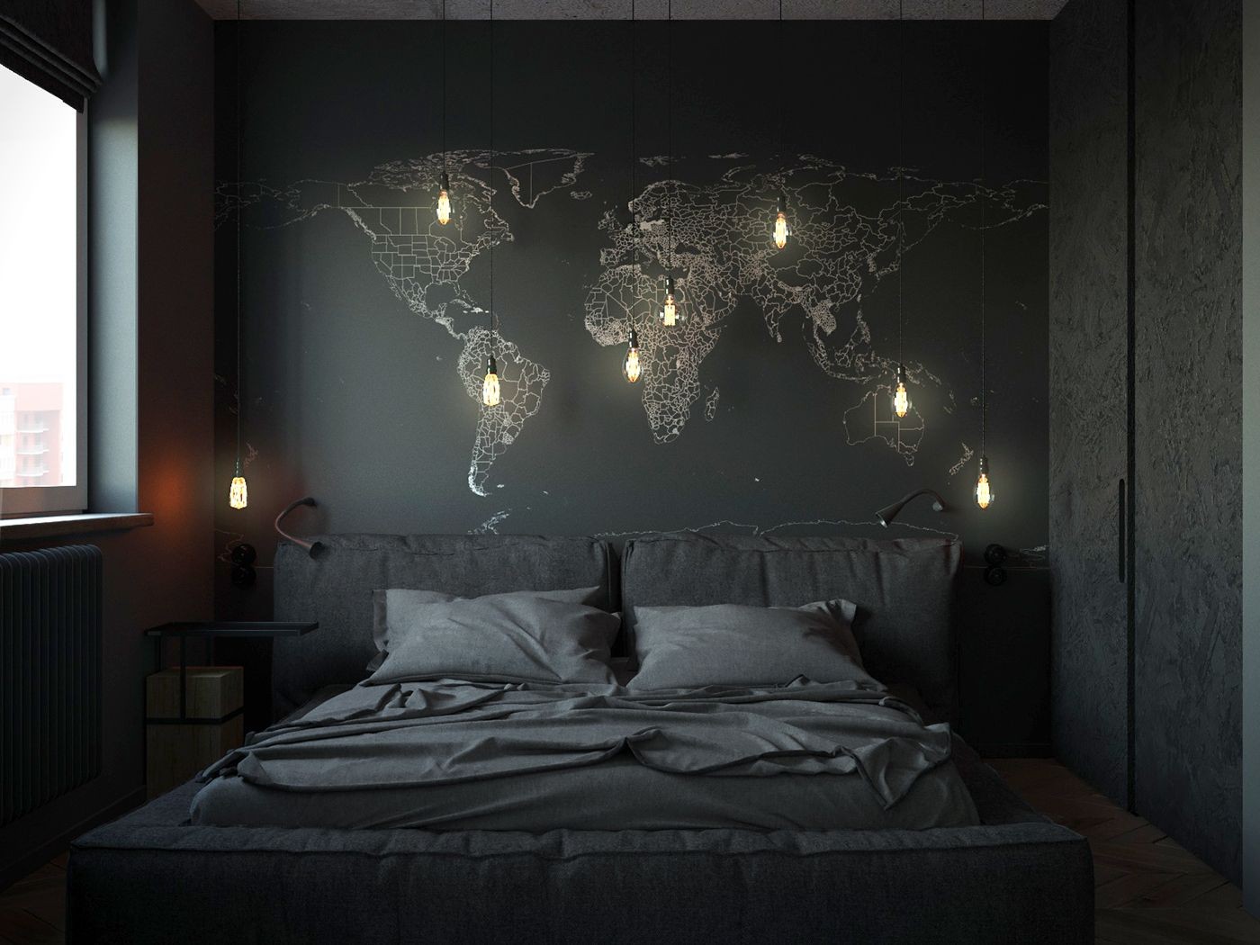 decor phòng ngủ màu đen với hình bản đồ sáng tạo