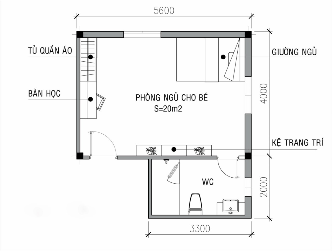 Bố trí mặt bằng phòng ngủ trẻ em có toilet