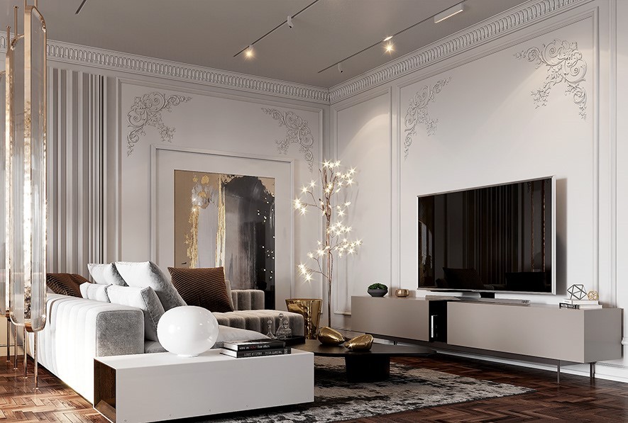 Kết hợp khu vực tiếp khách chung phòng ngủ phong cách Luxury
