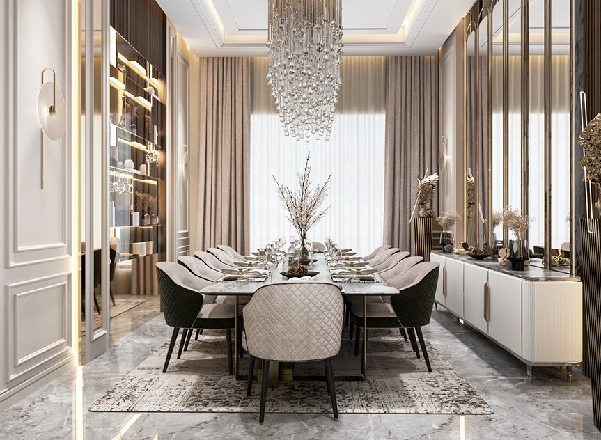 Chất liệu bàn ăn cao cấp mang lại nét đẹp xa hoa, đẳng cấp trong thiết kế nội thất biệt thự tân cổ điển