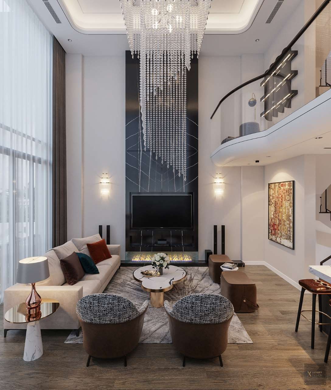 Thiết kế phòng khách thông tầng sang trọng cho căn hộ duplex