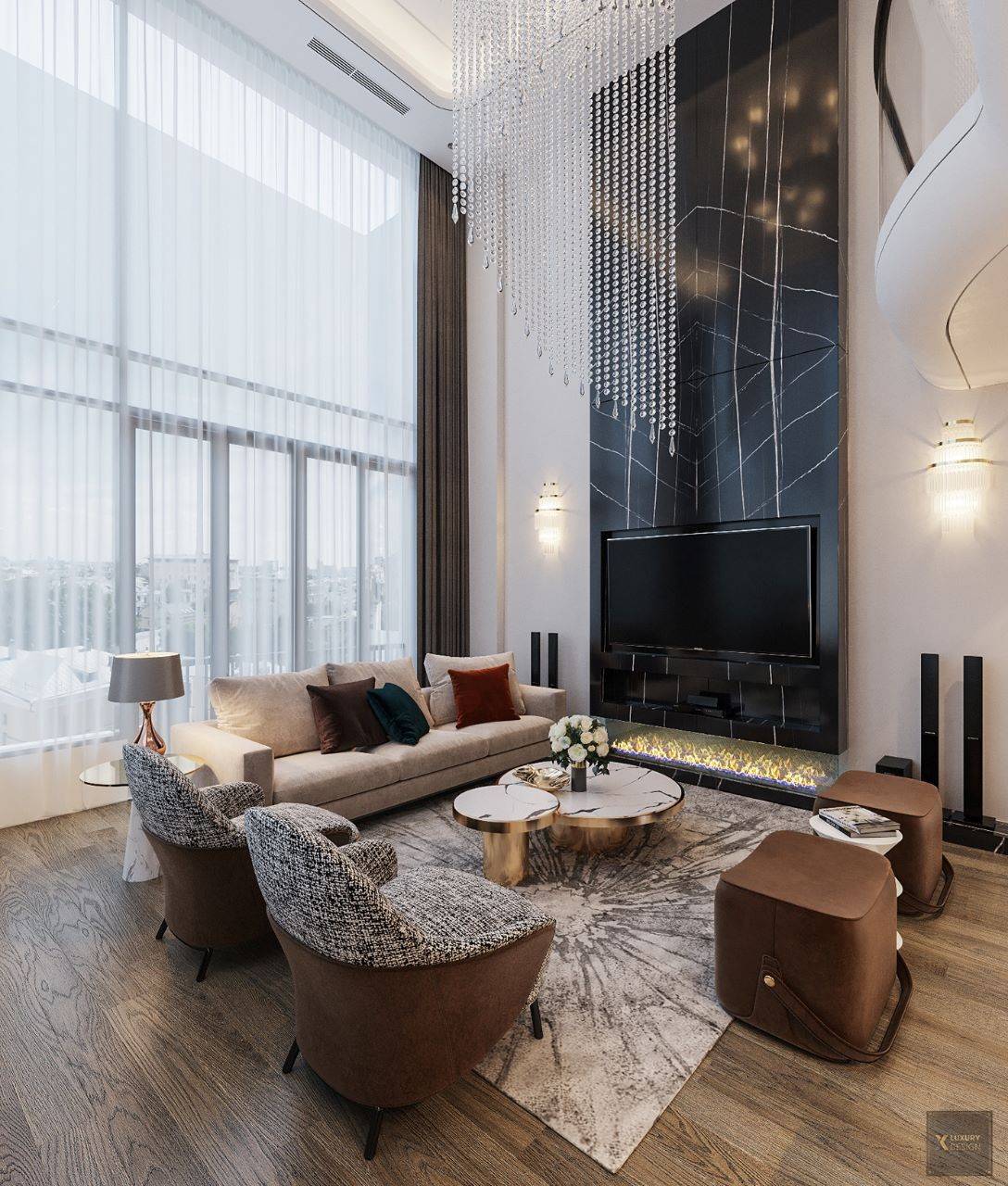 Bộ bàn ghế sofa và bàn trà mặt đá sang trọng đặt giữa không gian phòng khách thông tầng