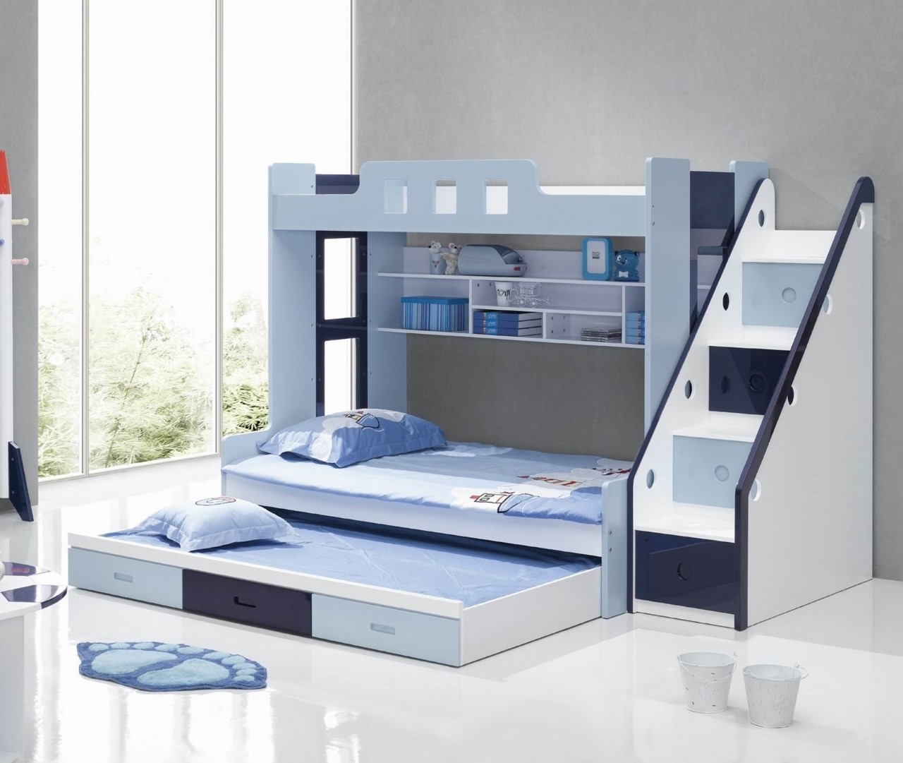 Giường 3 tầng màu xanh nhạt đẹp