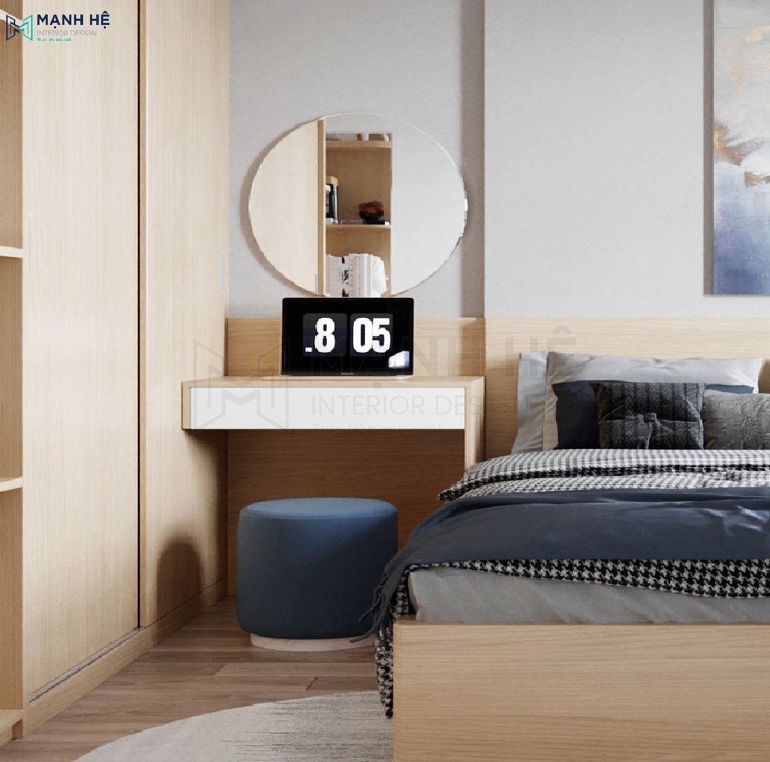 Bàn trang điểm treo tường mini nhỏ gọn với gương treo hình tròn