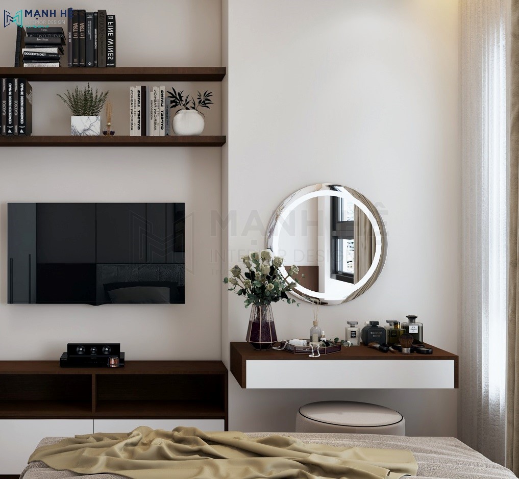 Bàn trang điểm treo tường có thể đặt ở bất cứ khoảng trống của bức tường phòng ngủ