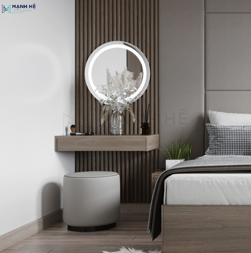 Thiết kế vách lam gỗ phía sau kệ trang điểm treo tường hiện đại