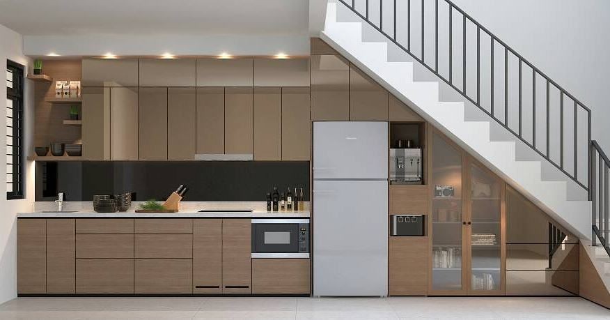 Bếp dưới cầu thang chữ I có kích thước lớn và chất liệu gỗ acrylic