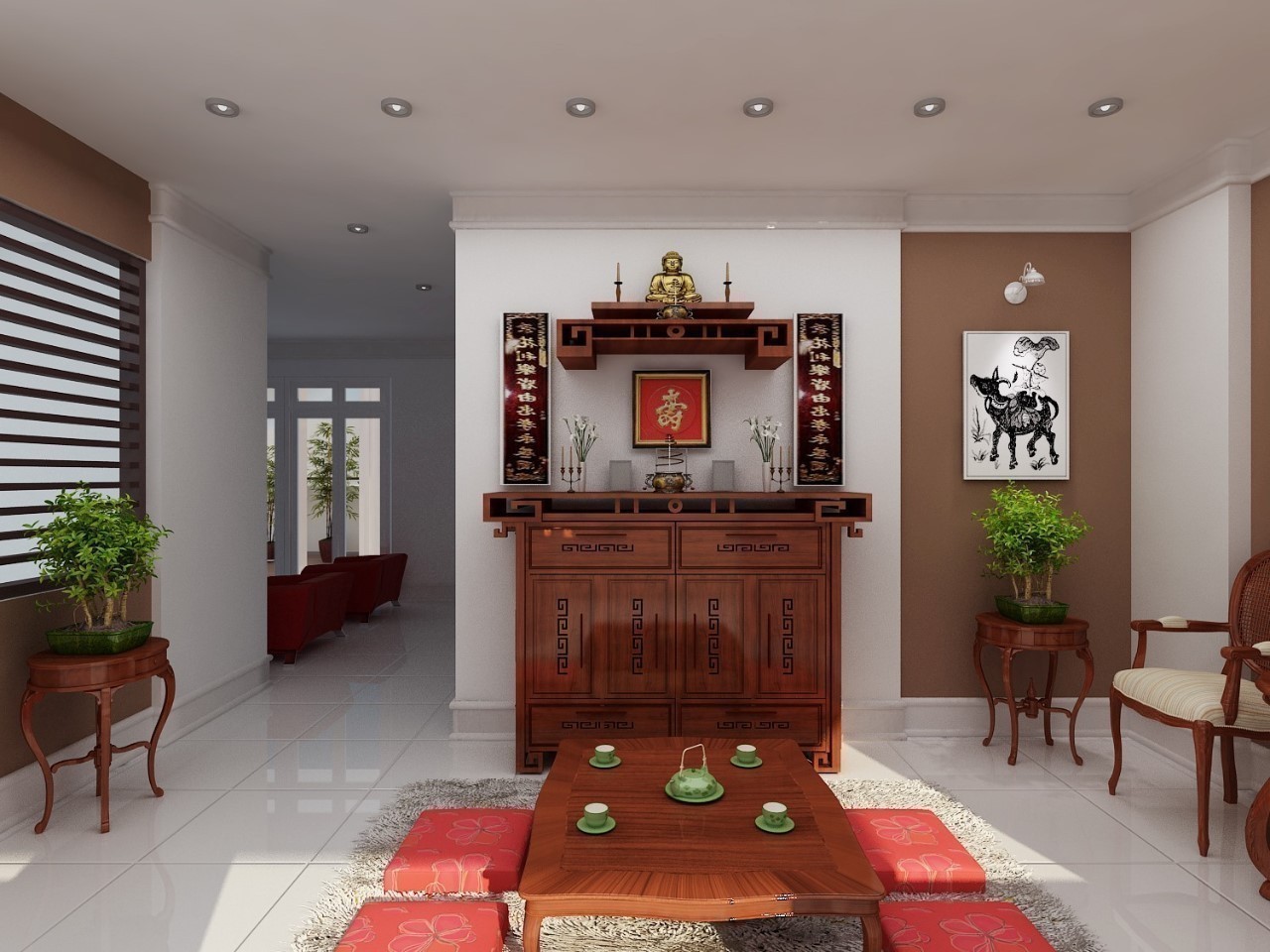 Tủ thờ cho phòng khách kết hợp phòng thờ