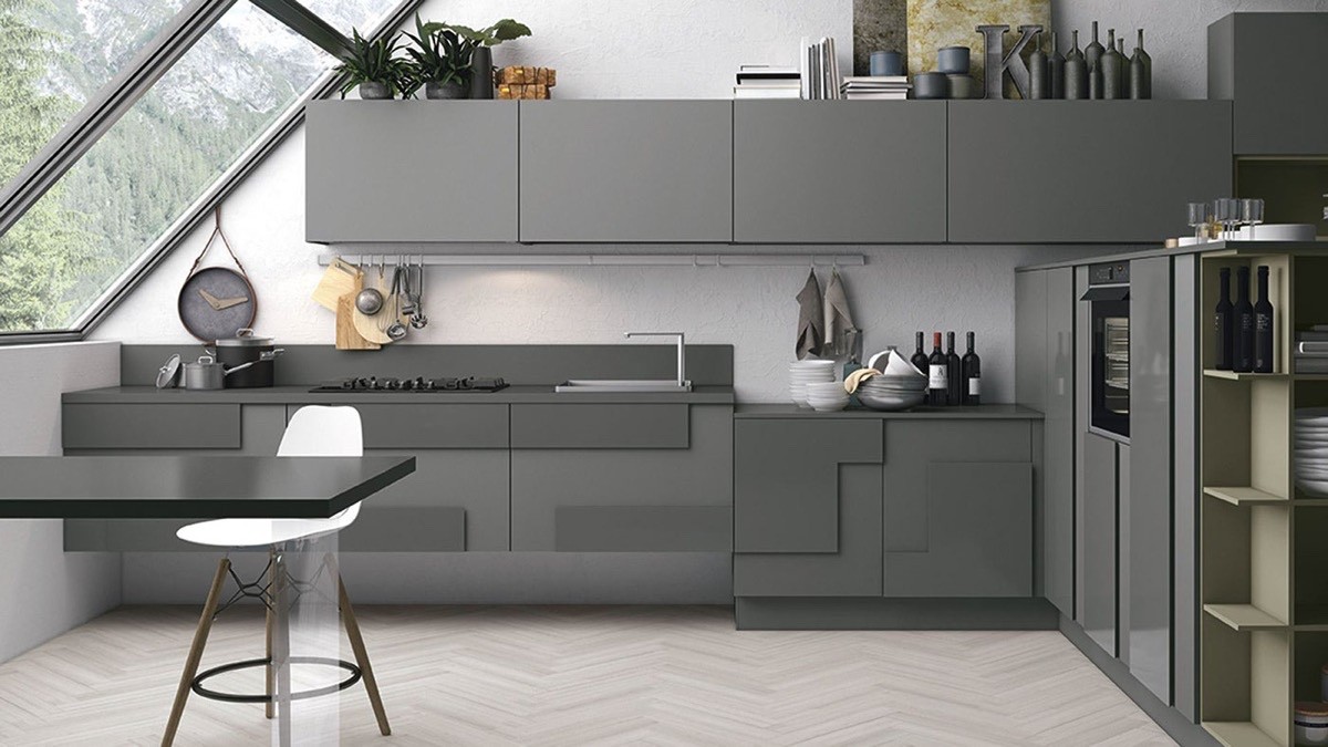 Tủ bếp xám ghi kiểu dáng tạo khối sáng tạo
